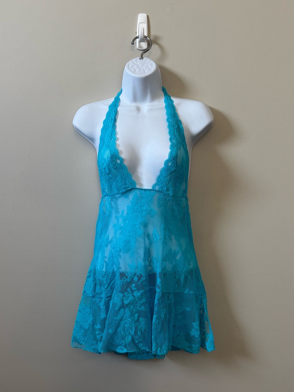 Victoria’s Secret Y2K blue lace mesh halter plunge neck lingerie top